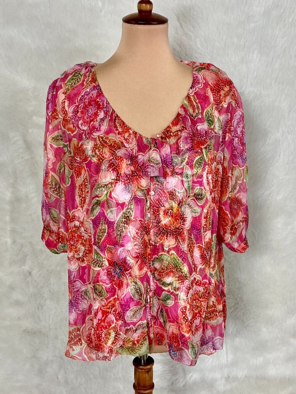 Jade Johnny Was Pink Floral Silk Short Sleeve Fabiola Marcia Ruffle Blouse L
